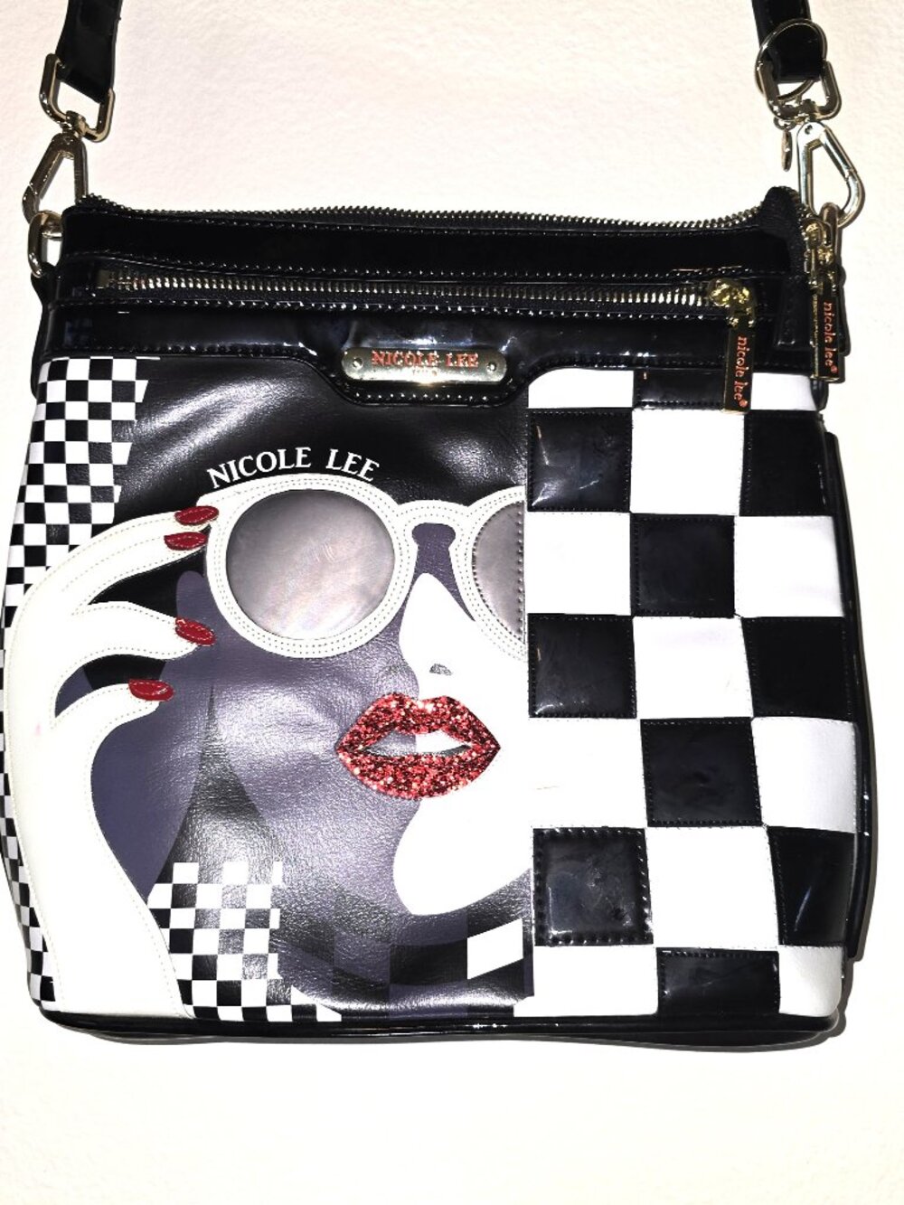 Nicole Lee USA Pop Art Crossbody Bag- B/W Checkered "Sunglasses Girl"